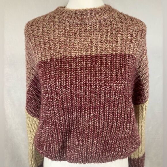 Burgundy wine and mocha long lantern sleeve cropped sweater size XL - Picture 3 of 6